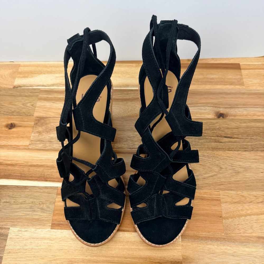 UGG HARRIS Black Suede Lace Up Gladiator Block Heel Sandals Women Size 9 - Picture 2 of 9